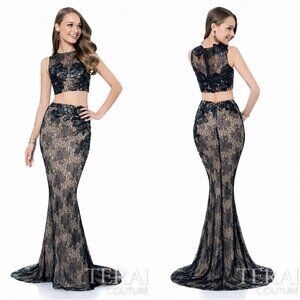 NWT Terani Couture Black Nude Two Piece Formal Gown $448
